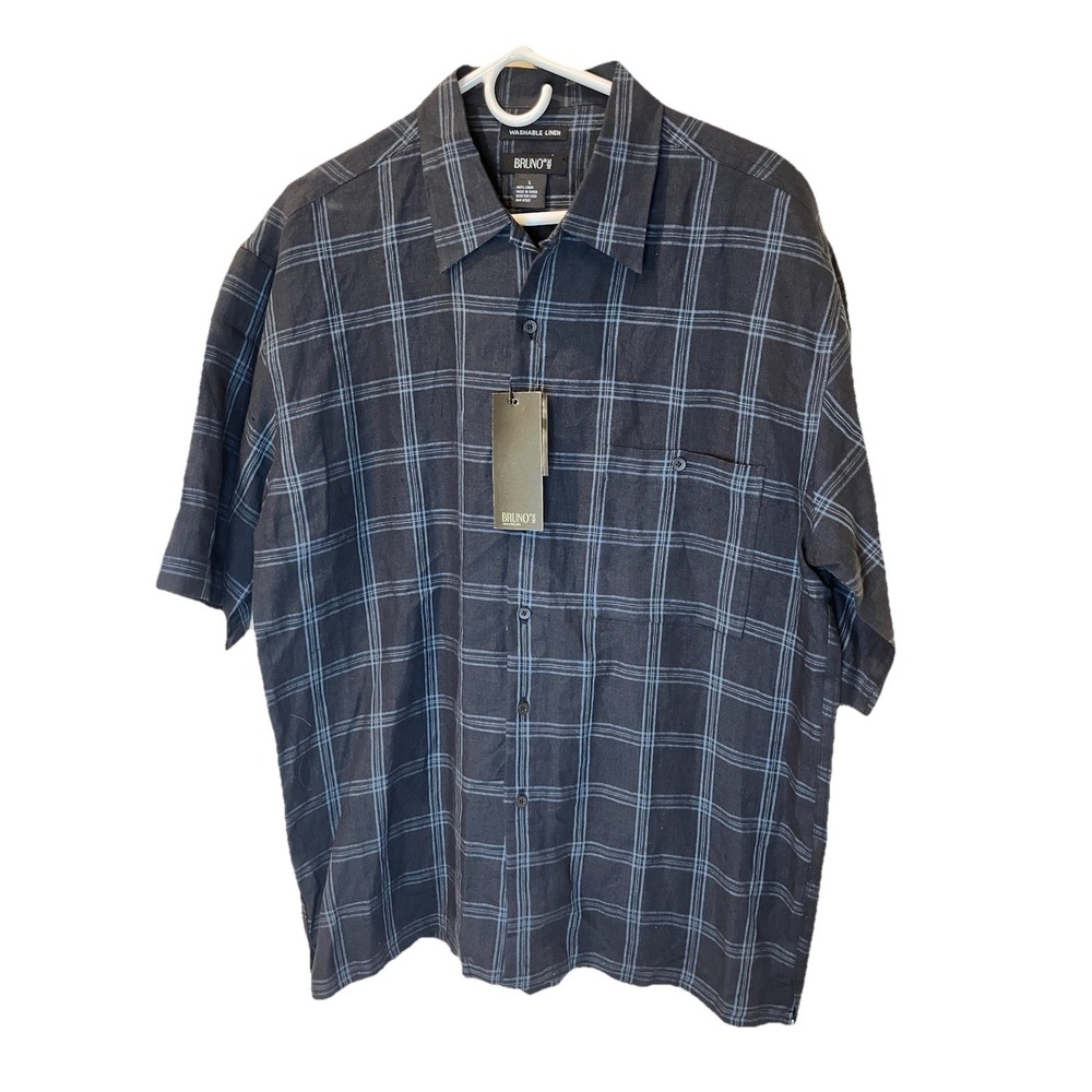 Bruno NWT 100% Linen Button Up Shirt Gray Plaid Short Sleeve Casual Mens Large